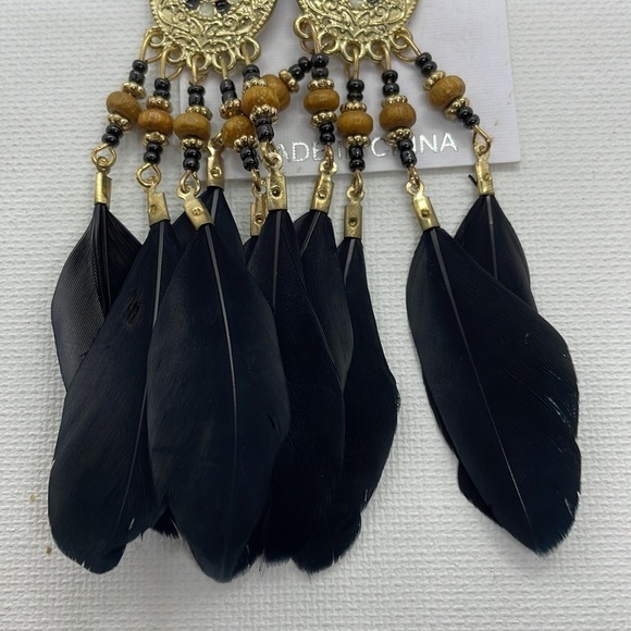 Black Feather Beaded Tear Drop Gold Earrings - Picture 7 of 10